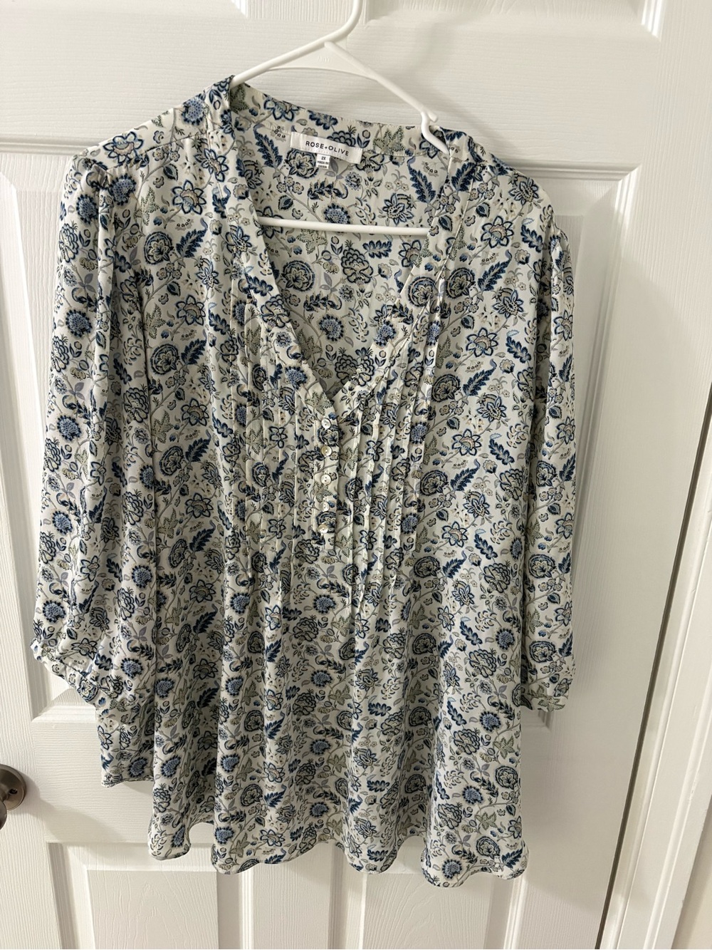 Rose & Olive Cream and Blue Floral Pintuck V-Neck Blouse